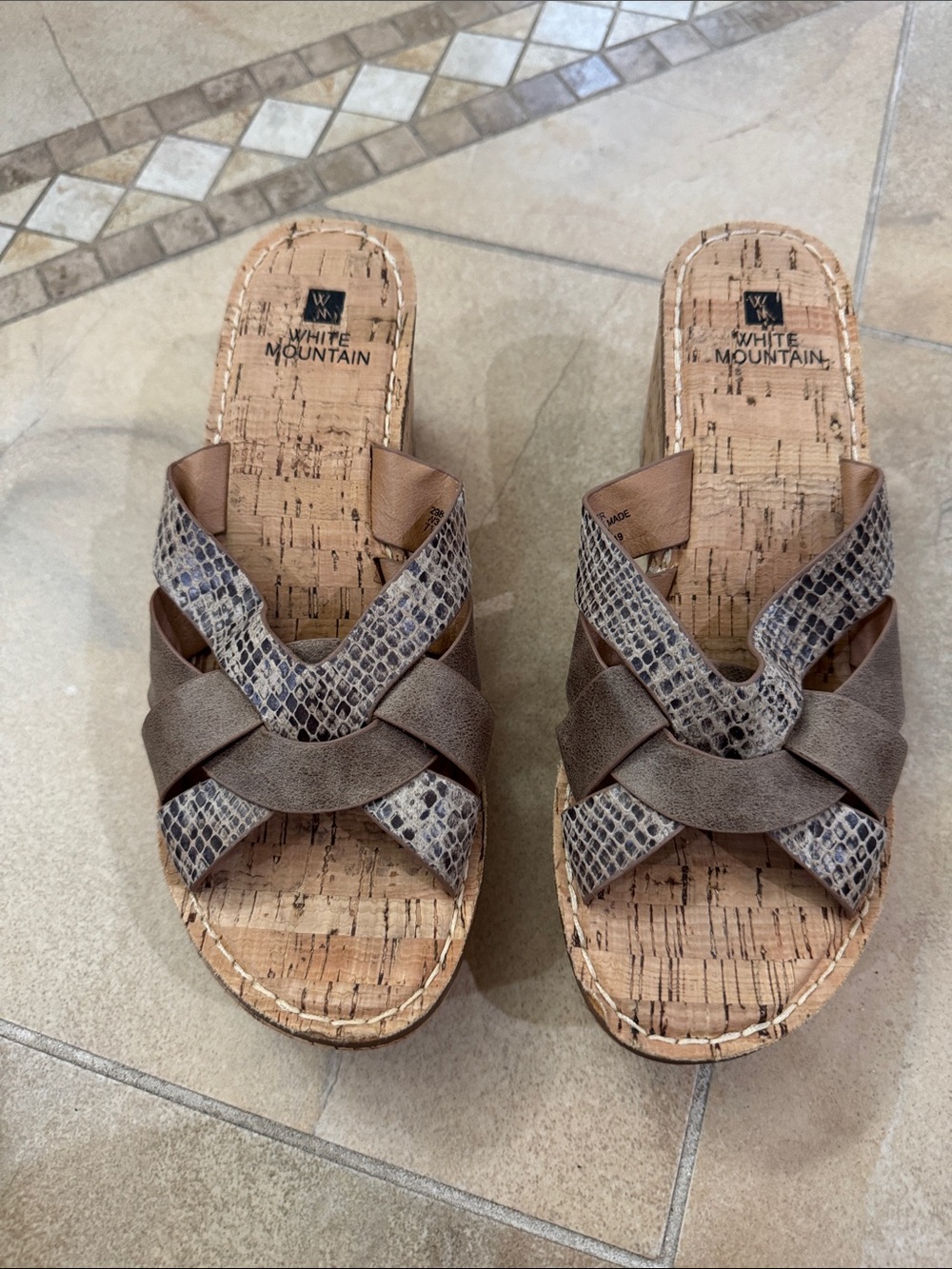 White Mountain Two-Tone Brown Snakeskin Cork Slide Mules